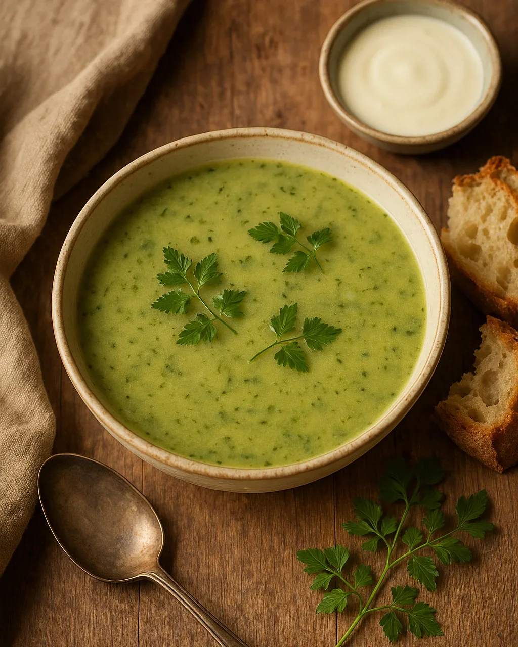 Kervelsoep recept – Vlaamse kervelsoep met aardappel, room en verse kervel in een kom, geserveerd met brood.