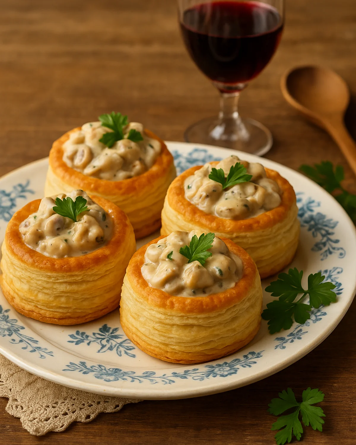 Versgebakken bladerdeegpasteitje gevuld met romige kipragout en champignons, een klassiek vol-au-vent recept voor Belgische feestgerechten