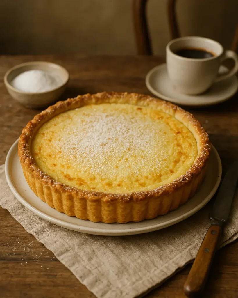Vlaamse mattentaart uit Geraardsbergen, traditioneel Belgisch dessert met plattekaas en amandel, geserveerd bij koffie.