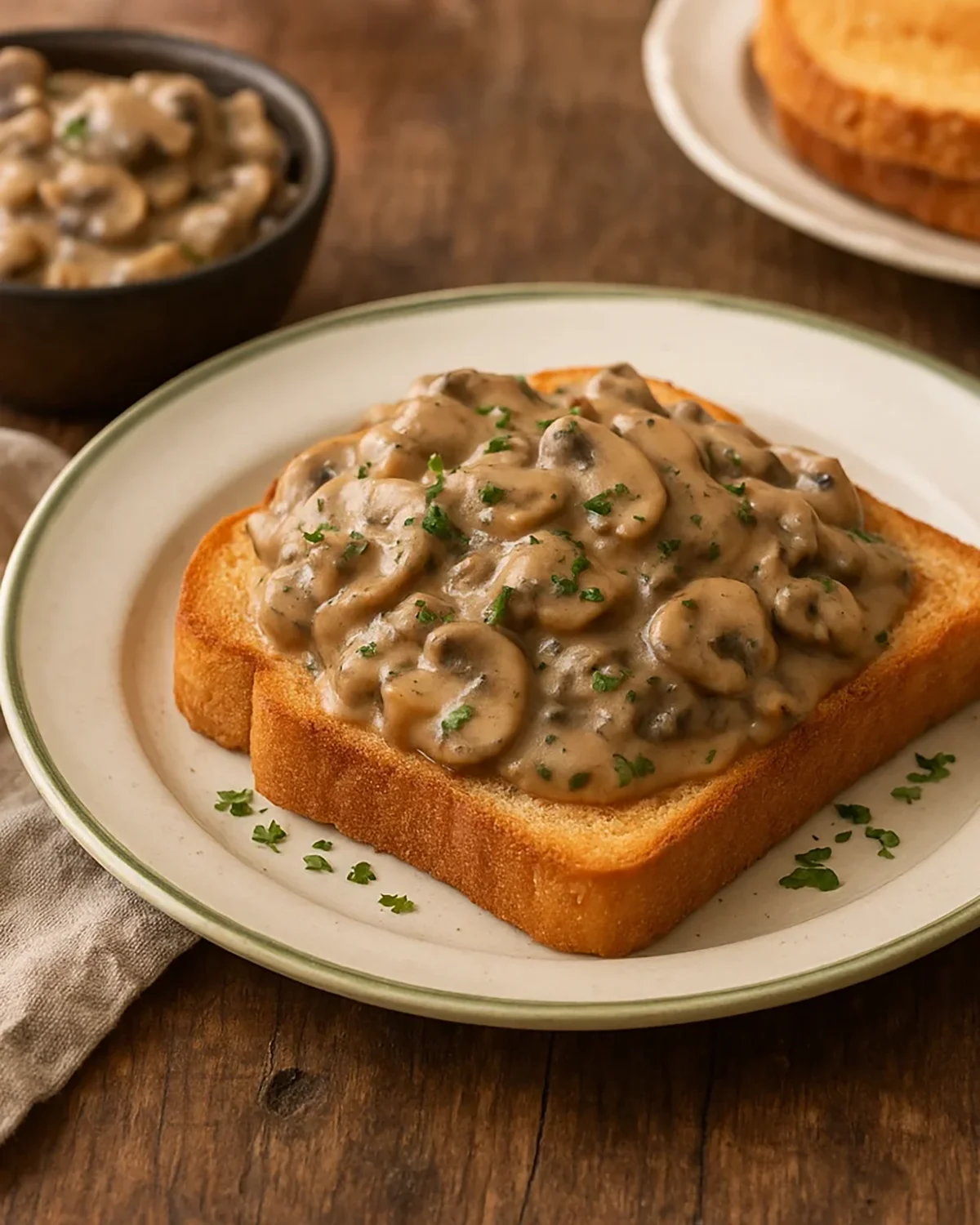 Toast met champignonragout, klassiek Vlaams voorgerecht met romige champignonsaus op knapperige toast