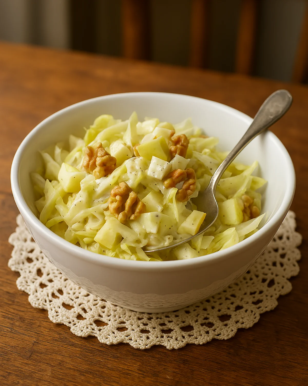 Witloofslaatje met appel en walnoten, fris Vlaams bijgerecht met krokante walnoten en romige dressing.