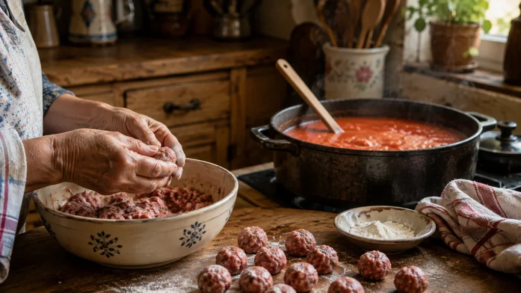 Kleine gehaktballetjes worden bereid voor ouderwetse tomatensoep