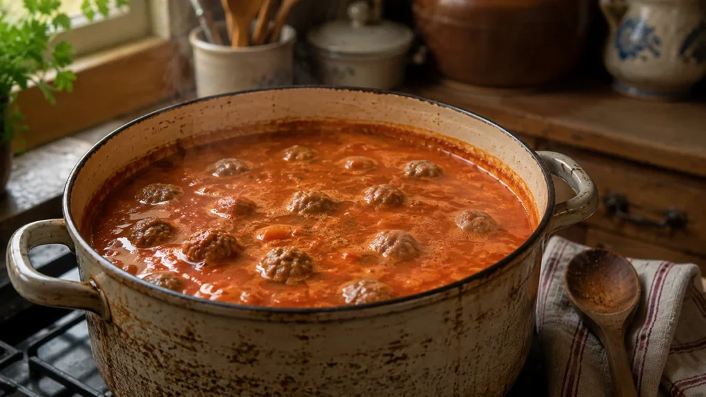 Tomatensoep met balletjes pruttelt zachtjes in een oude kookpot